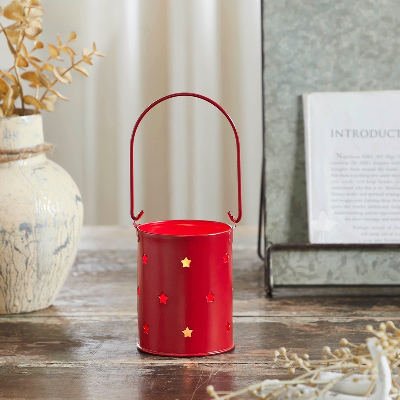 Votive Candle Holder w/ Stars Cutout Barn Red 3.75×3