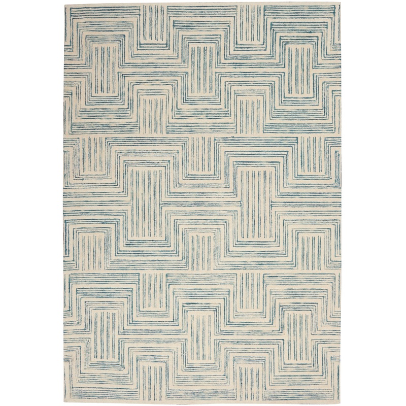 Nourison Interlock 5′ x 7’6″ Ivory/Turquoise Modern Indoor Rug
