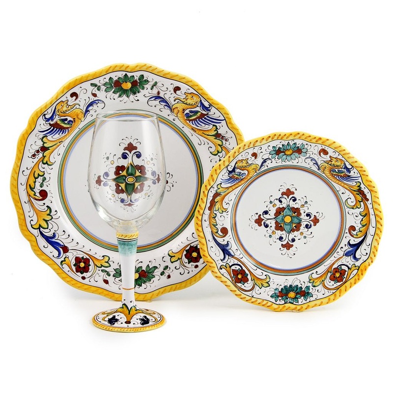 DERUTA STEMWARE PACK: Pinot Glass and Dinner Plate and Salad Plate RAFFAELLESCO Design