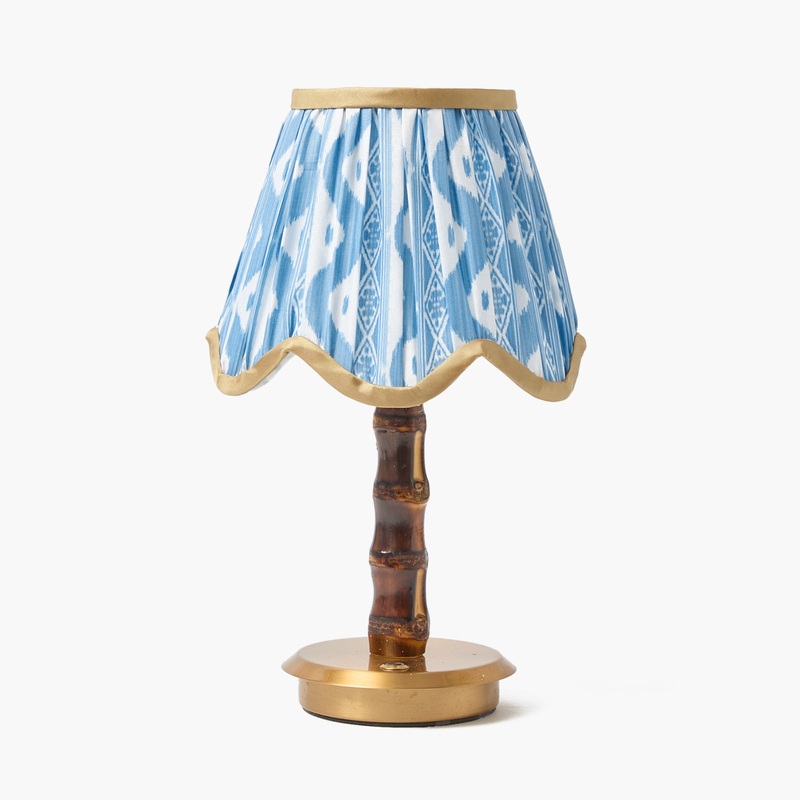 Short Burnt Bamboo Rechargeable Lamp with Blue & Putty Ikat Shade (18cm)
