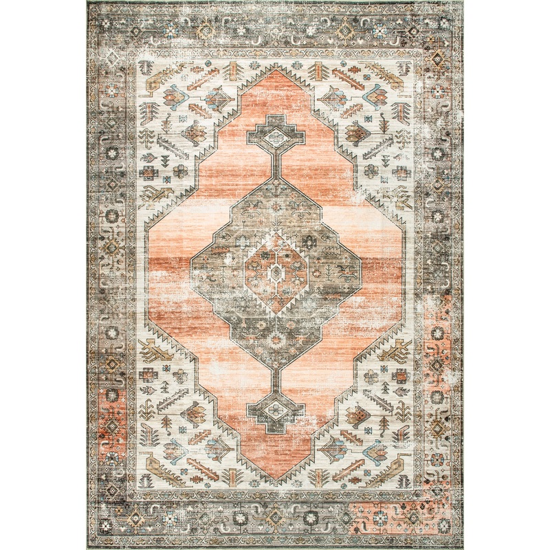 Native Iris Medallion Washable Rug | Peach