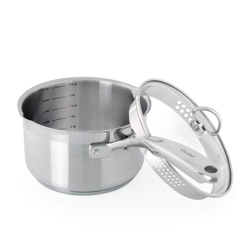 Chantal Induction 21 Steel 2.5qt. Pour-Spout Saucepan w/ Strainer Glass Lid
