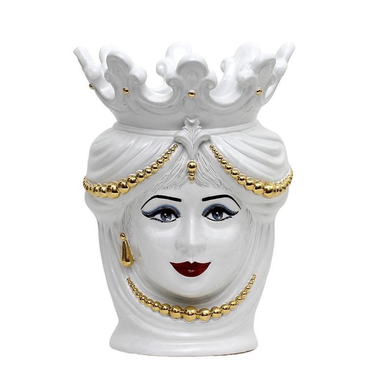 CALTAGIRONE: Moorish Sicilian Head Vase – Woman pure white glaze with 24 Carats Painted Gold decoration (Large)