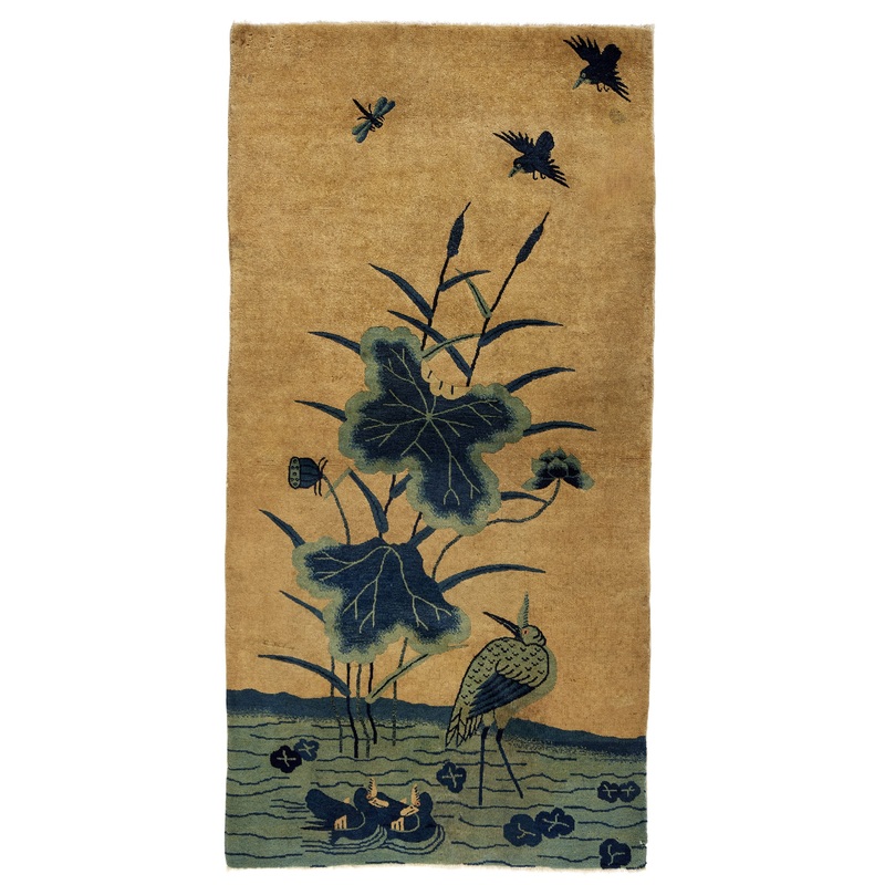 ANTIQUE CHINESE PAO TAO BEIGE/GREEN/BLUE – LOTUS, DUCK 2′ 11” x 5′ 8”