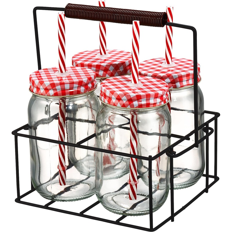 Artland Gingham Sipper Jar Set with Square Metal Caddy, Clear