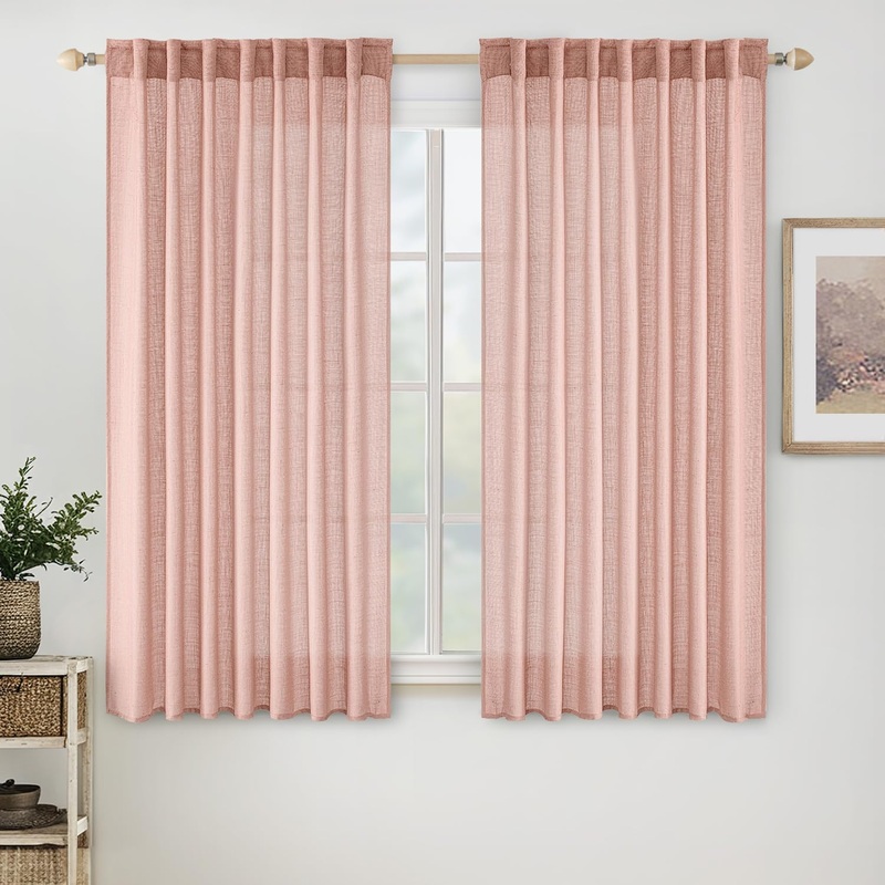 MIULEE Blush Pink Linen Curtains 54 Inch Length 2 Panels for Girls Bedroom Nursery, Soft Thick Linen Textured Window Drapes Semi Sheer Light Filtering Back Tab for Kids Living Room Light Pink Decor