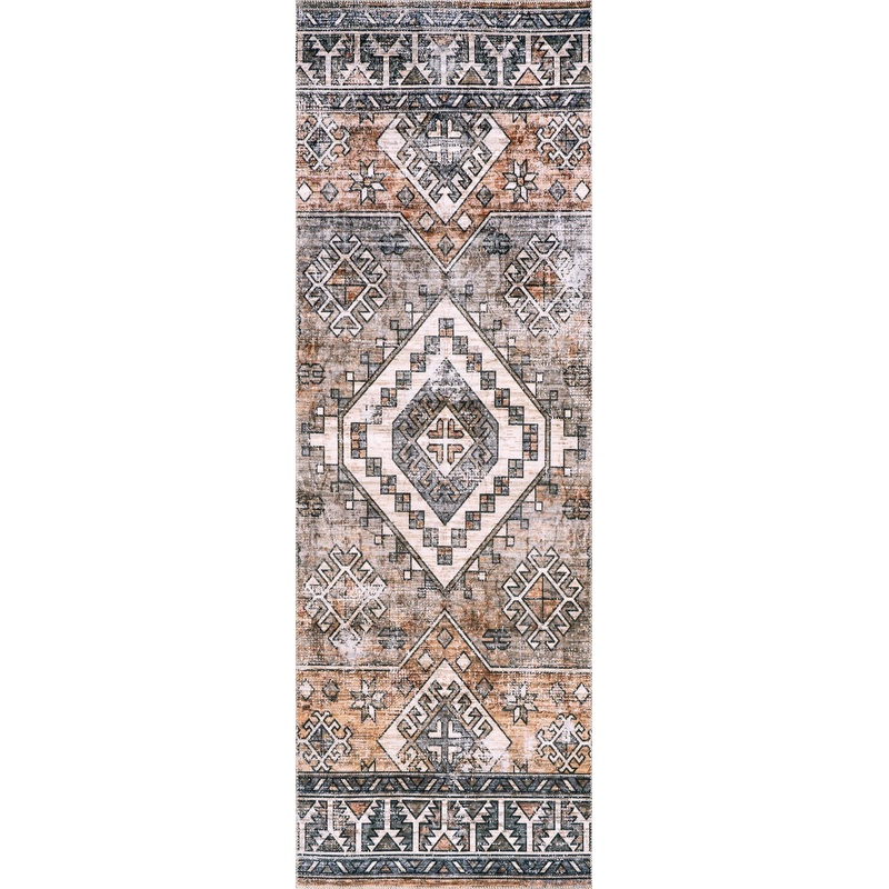 Faded Geometric Washable Rug | Rust