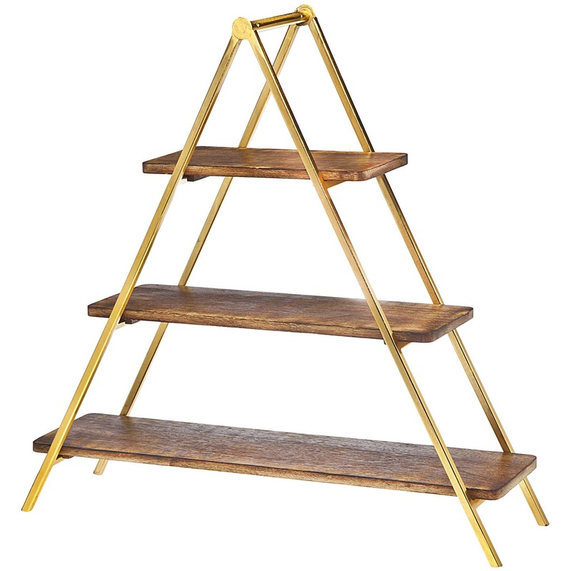 Godinger 3 Tier Wood Server with Gold