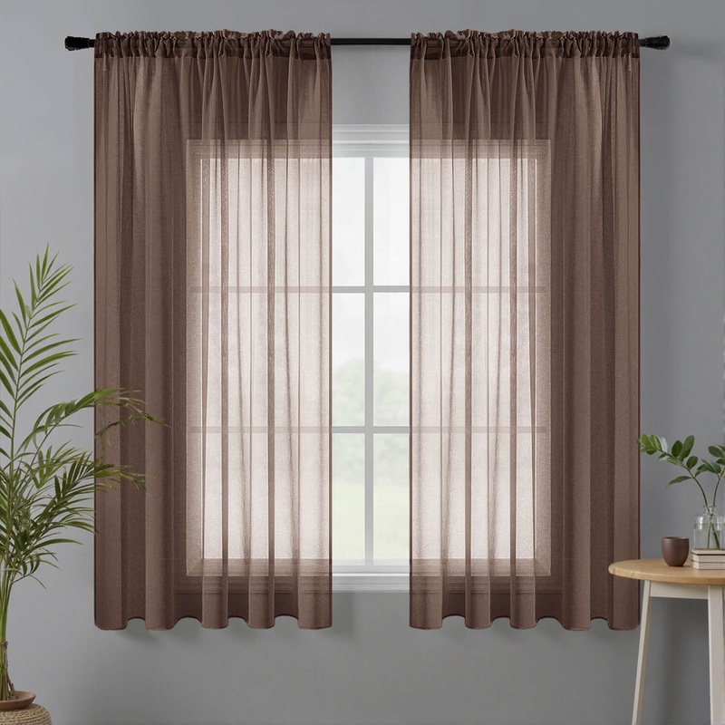 MIULEE Chocolate Brown Sheer Curtains Linen Textured 84 Inches Long 2 Panels for Bedroom Kitchen, Semi Transparent Farmhouse Rod Pocket Light Filtering Voile Window Drapes, W 42 x L 45 inch Length