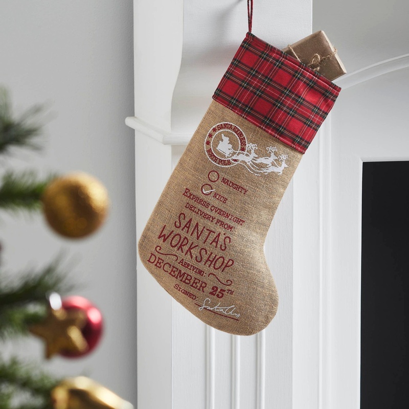 Burlap Natural Jute Plaid Santa’s Workshop Stocking 12×20