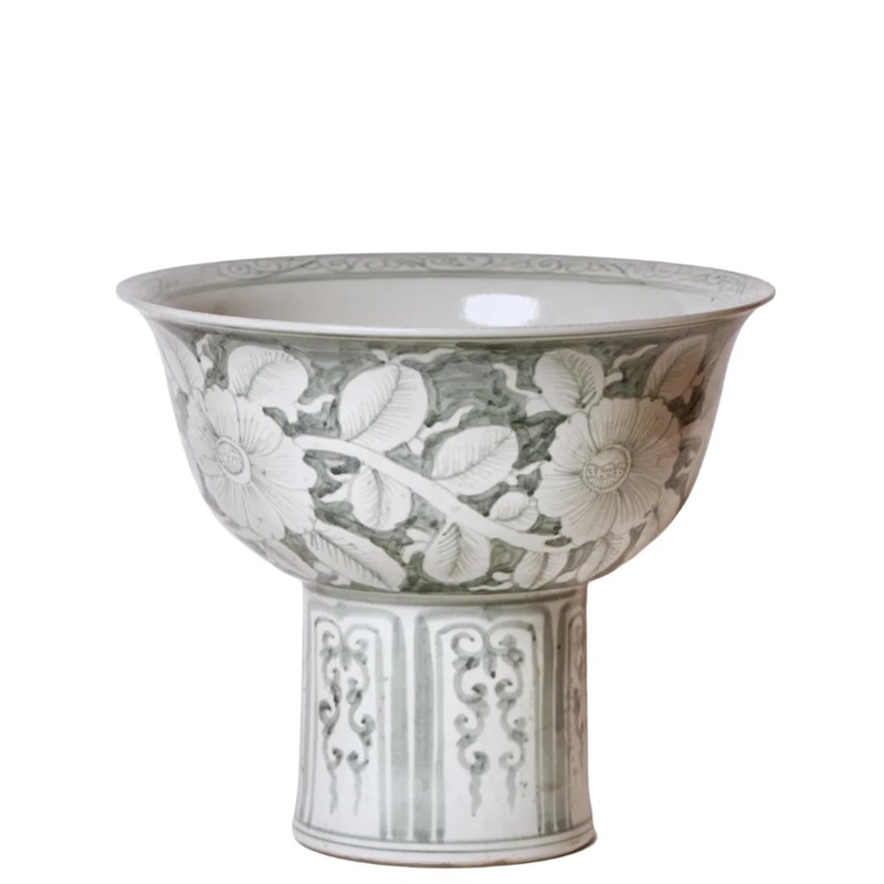 Grey & White Porcelain Rose Large Footed Bowl