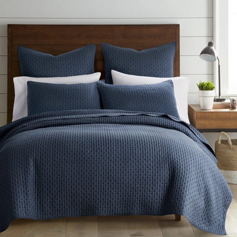 Nautical Cross Stitch 100% Cotton Quilt Set – Navy Blue