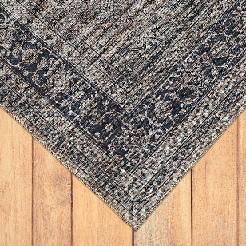 Brown and Blue Oriental Printed Distressed Area Rug