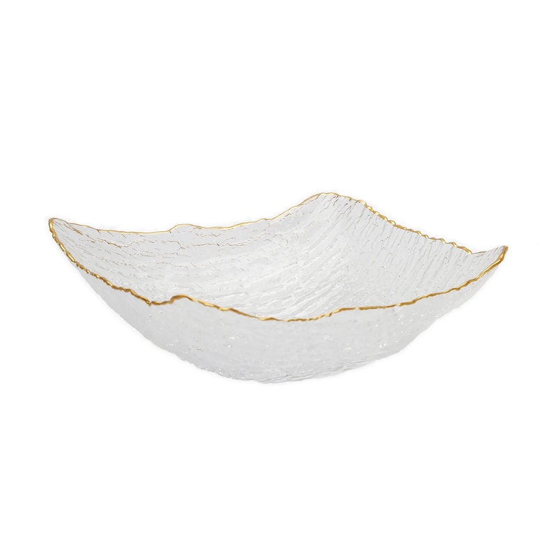Classic Touch Crushed Glass Square, Gold Rimmed Bowl