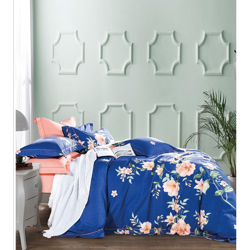Elizabeth Blue/Orange Floral  PURE Cotton Reversible Duvet Cover Set