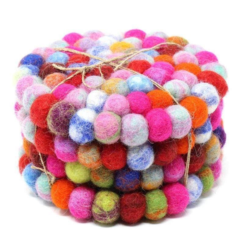 Hand Crafted Felt Ball Coasters from Nepal: 4-pack, Rainbow – Global Groove (T)