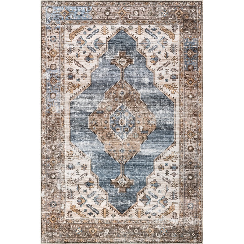 Native Iris Medallion Spill Proof Washable Rug | Blue