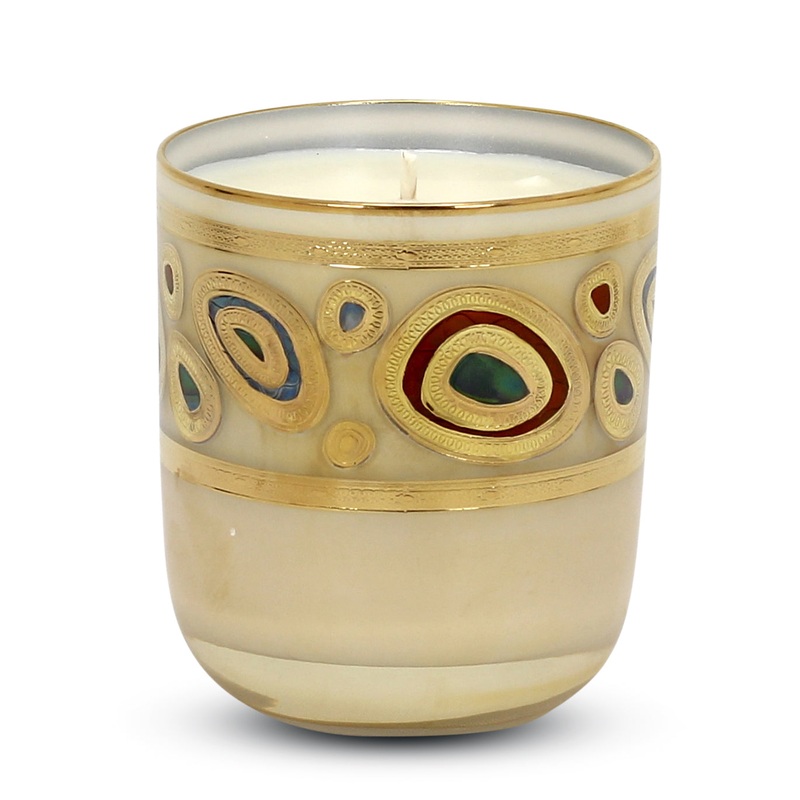 CRYSTAL CANDLES: Regalia Design candle with 14 Carats Gold finish Cream glass  ~ (10 Oz)