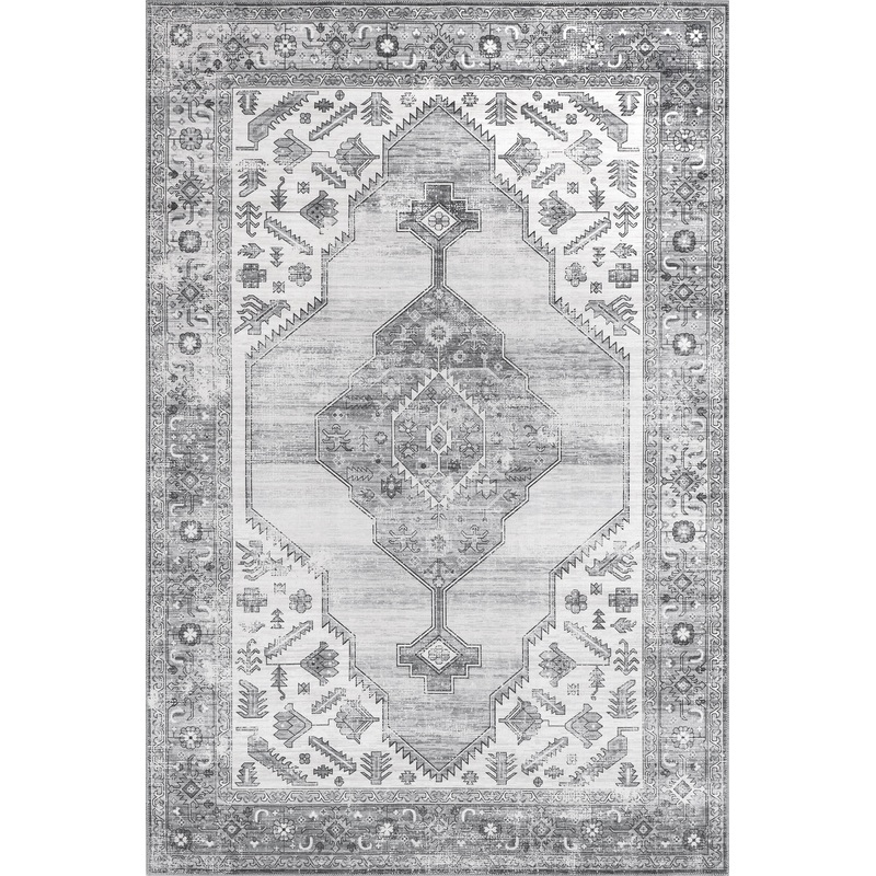 Native Iris Medallion Washable Rug | Grey