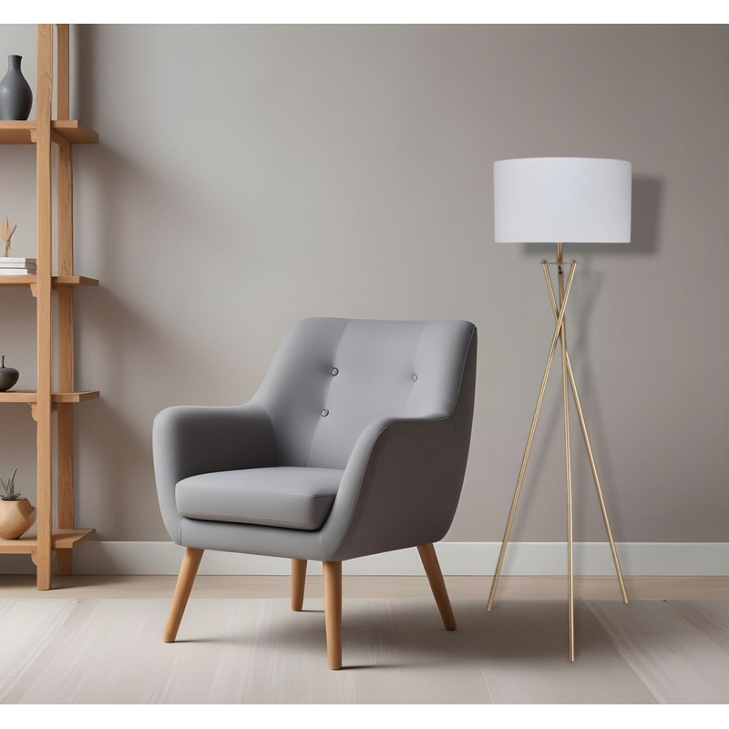 Gold And White Tripod Floor Lamp With White Fabric Drum Shade