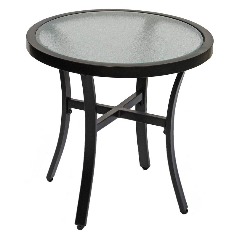 Garden Elements Round Outdoor Patio Accent Table, Aluminum Frame with Tempered Glass Top, Mocha, 20″