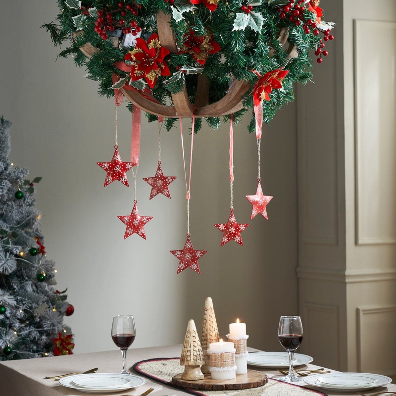 Falling Snow Red Star Metal Ornament Set of 6 – 4 inch