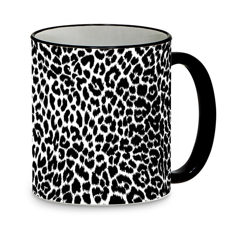 SUBLIMART: Pets Art – Beautiful Black & White Leopard Design Mug with Black Rim and Handle