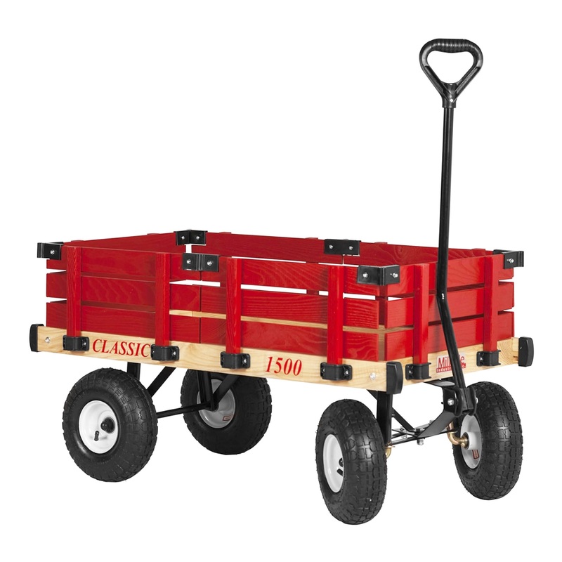 Millside Industries Classic Wood Wagon Cart with Removable Wooden Side Racks and Pneumatic Tires for Outdoor Hauling, Red, 20″ x 38″