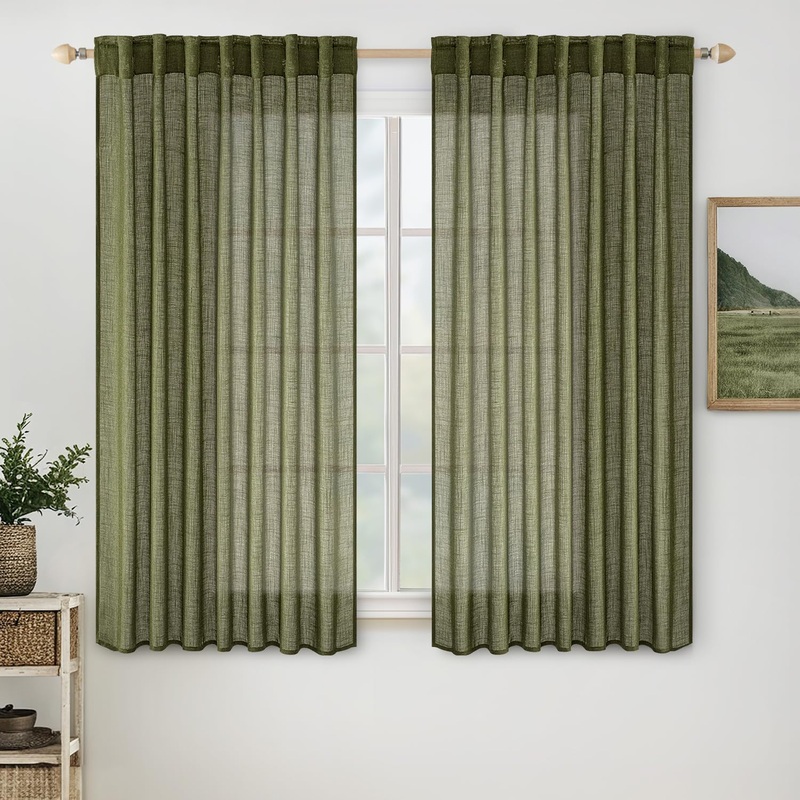 MIULEE Light Olive Green Linen Curtains 45 Inch Length 2 Panels for Bedroom Living Room, Soft Linen Textured Natural Window Drapes Semi Sheer Light Filtering Back Tab Rod Pocket Burlap Look Decor