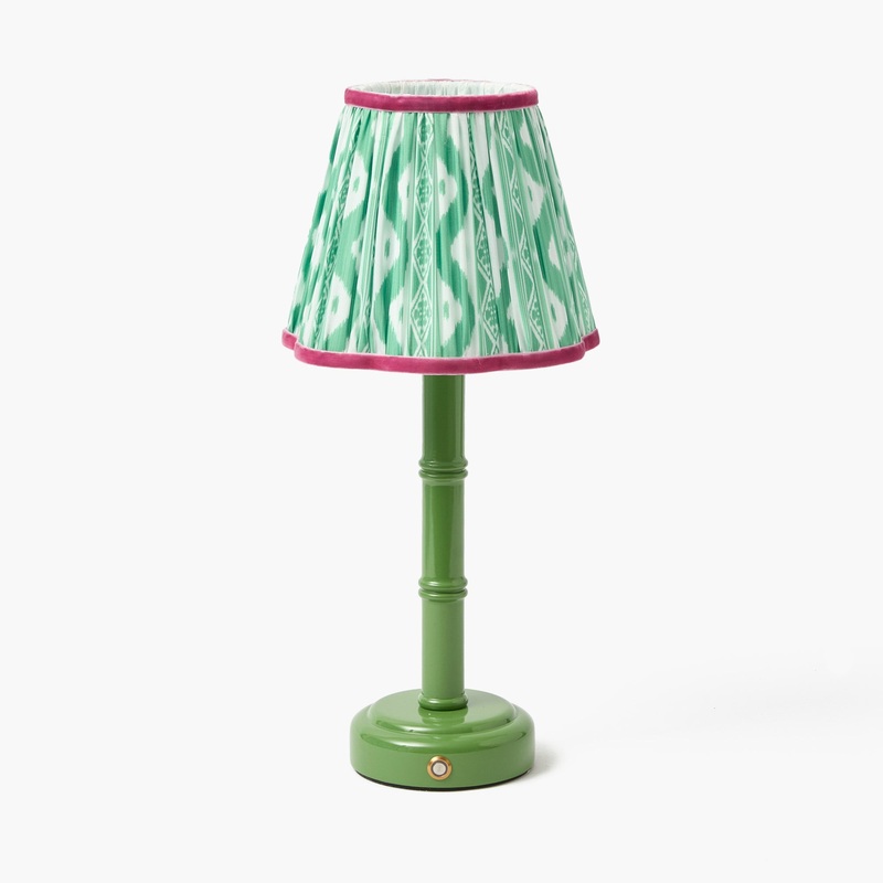 Green Leonora Lacquer Rechargeable Lamp with Green & Raspberry Ikat Shade (18cm)