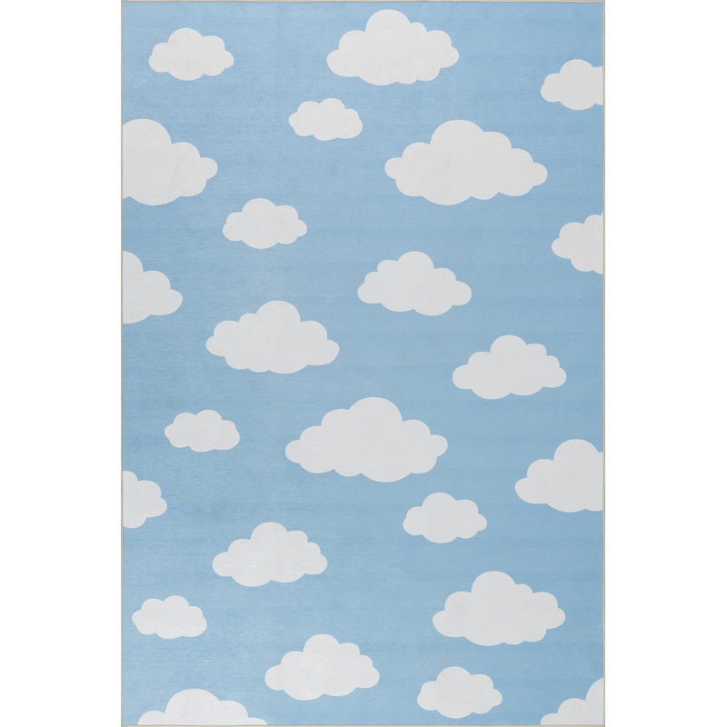 Landon Clouds Kids Spill Proof Washable Rug | Light Blue