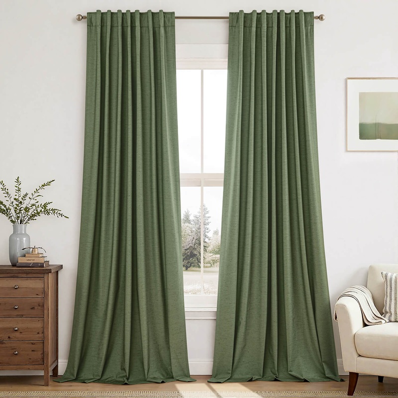 MIULEE Linen 100% Blackout Curtains 108 Inch Long 2 Panels, Olive Green Back Tab Pinch Pleat Hook Belt Thermal Insulated Drapes for Bedroom Living Room Black Out Light Blocking Window Curtains