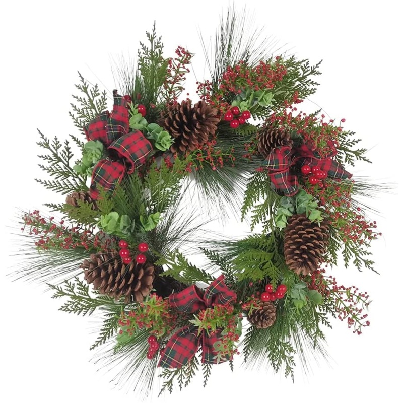 Kurt Adler Artificial Berries and Pinecones Ribbon Rattan Wreath Christmas Decoration, Brown/Green,  24″