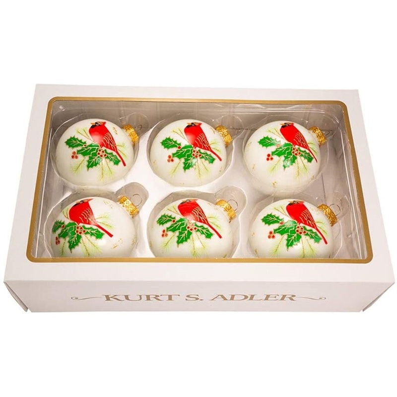 Kurt Adler Glass Ornament White with Cardinal, 6 Piece Set, 3″