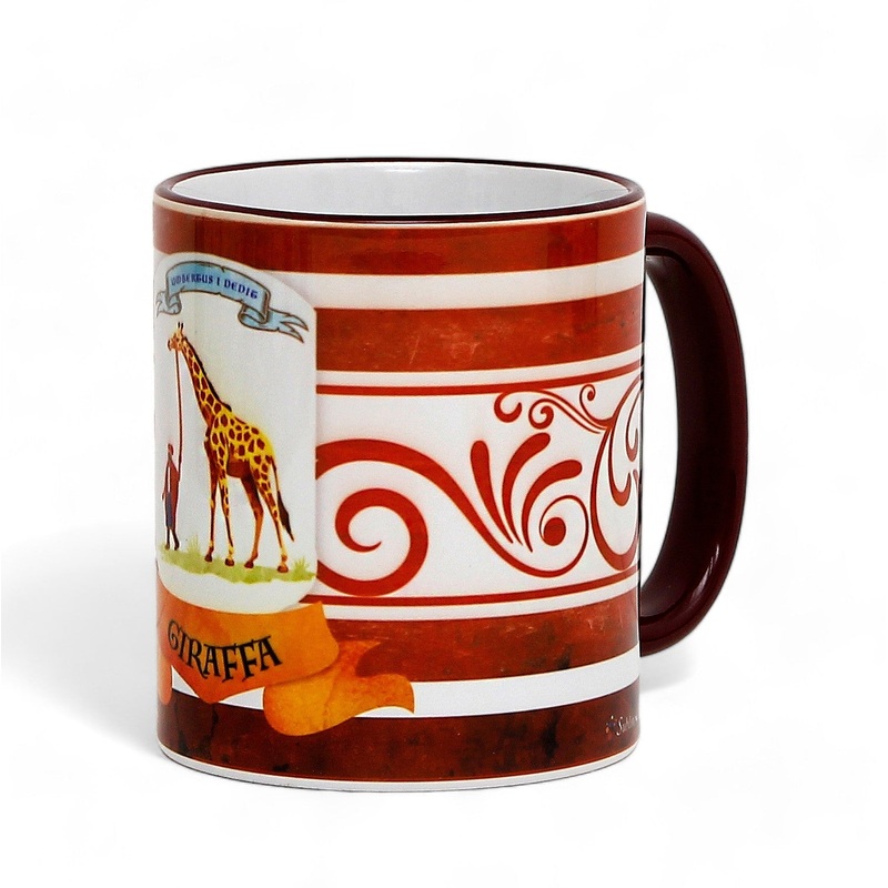 SUBLIMART: Palio di Siena Porcelain printed mug – Brown Handle & Rim – Design by Mario Bruno – GIRAFFA (Giraffe)