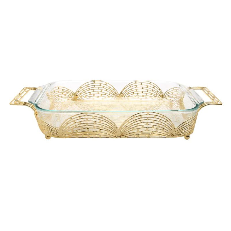 Classic Touch Rectangular Gold Handled Pyrex Holder with Brick Design