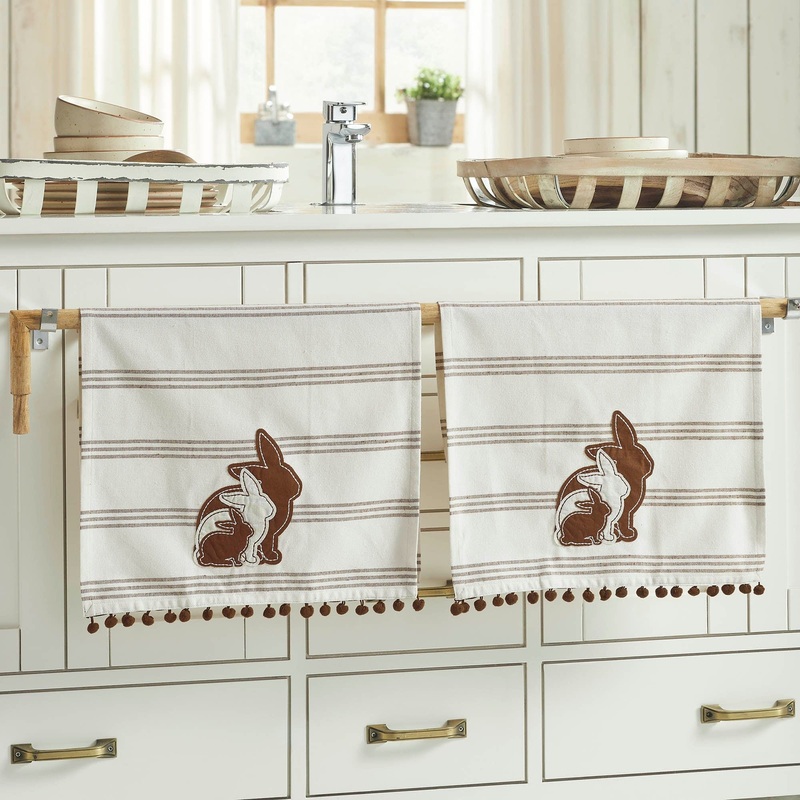 Bunny Hop Silhouette Bunnies w/ Pom Poms Tea Towel Set of 2 16×28