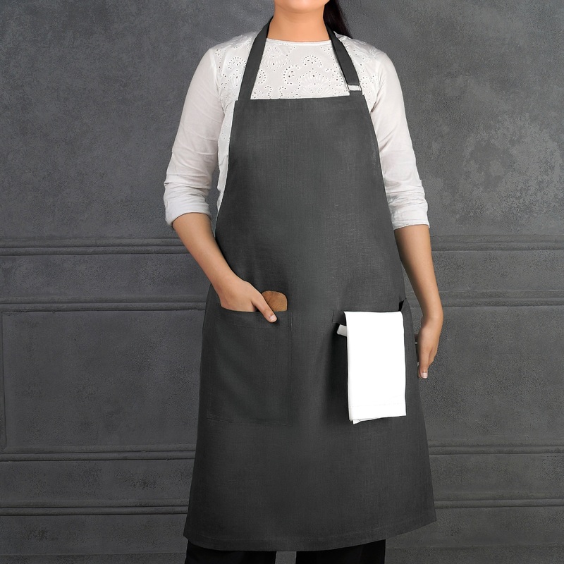 Charcoal Grey Linen Apron – Adjustable Strap