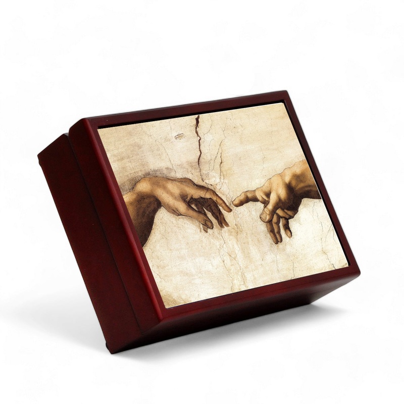 SUBLIMART: Wood Box  Lined large wood box with printed tile – Opera “Detail of The Creation of Adam” by Michelangelo Buonarroti