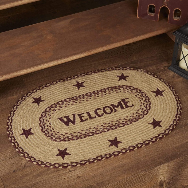 Burgundy Tan Jute Rug Oval Welcome w/ Pad 20×30