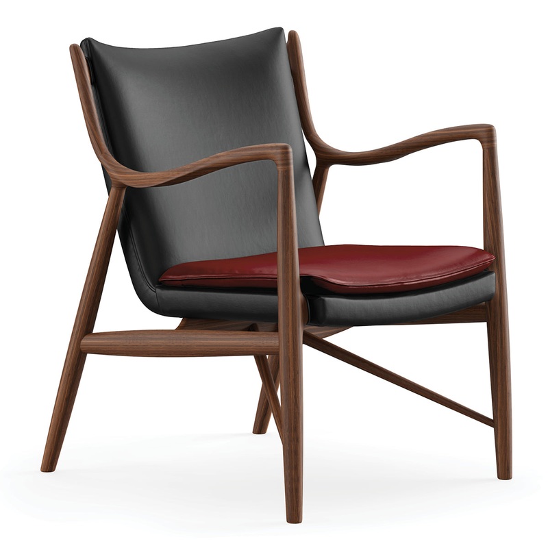 Finn Juhl 45 Chair, Oiled Walnut, Black Elegance Leather Chair with Ox Blood Red Elegance Leather Cushion – SHOWROOM SAMPLE