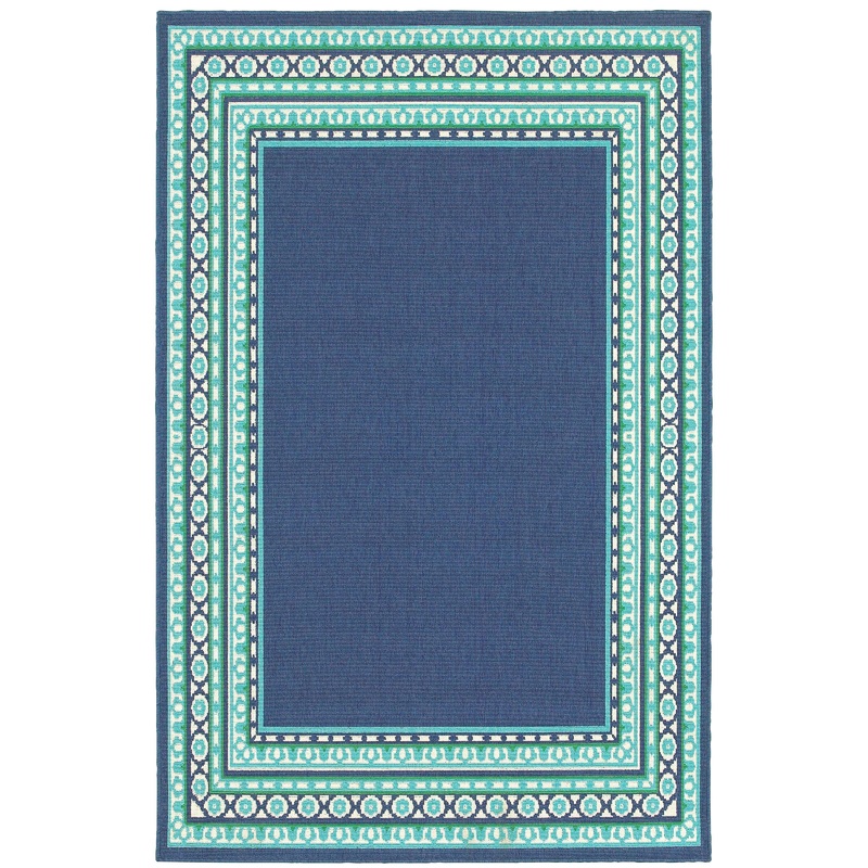 Meridian Navy Green Traditional Border Indoor/Outdoor Rug