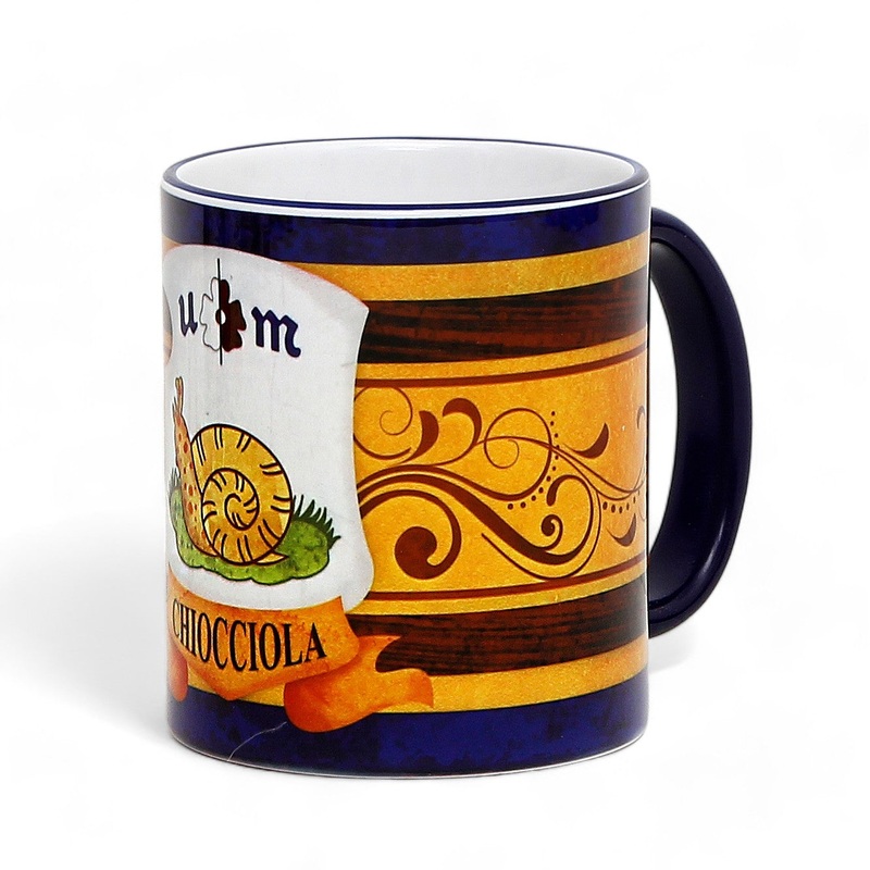 SUBLIMART: Palio di Siena Porcelain printed mug – Blue Handle & Rim – Design by Mario Bruno – CHIOCCIOLA (Snail)