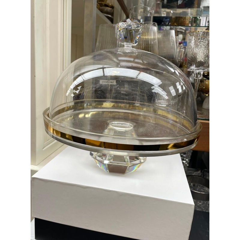 Vivience Glass Cake Dome Gold Design with Diamond Base and Handle