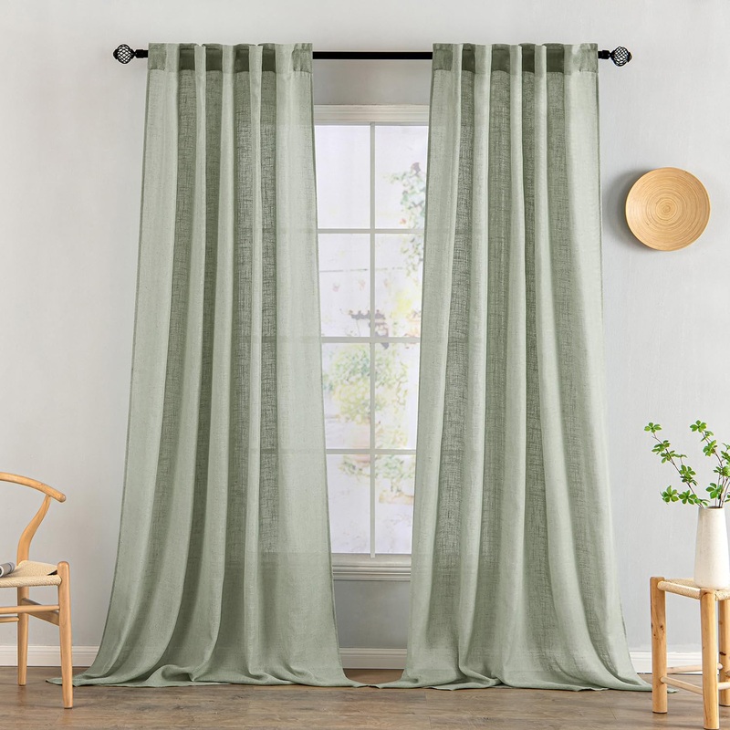 MIULEE Sage Linen Curtains 96 Inch Length 2 Panels for Bedroom Living Room,Green Soft Thick Linen Textured Window Drapes Semi Sheer Light Filtering Back Tab Rod Pocket Burlap Look Decor