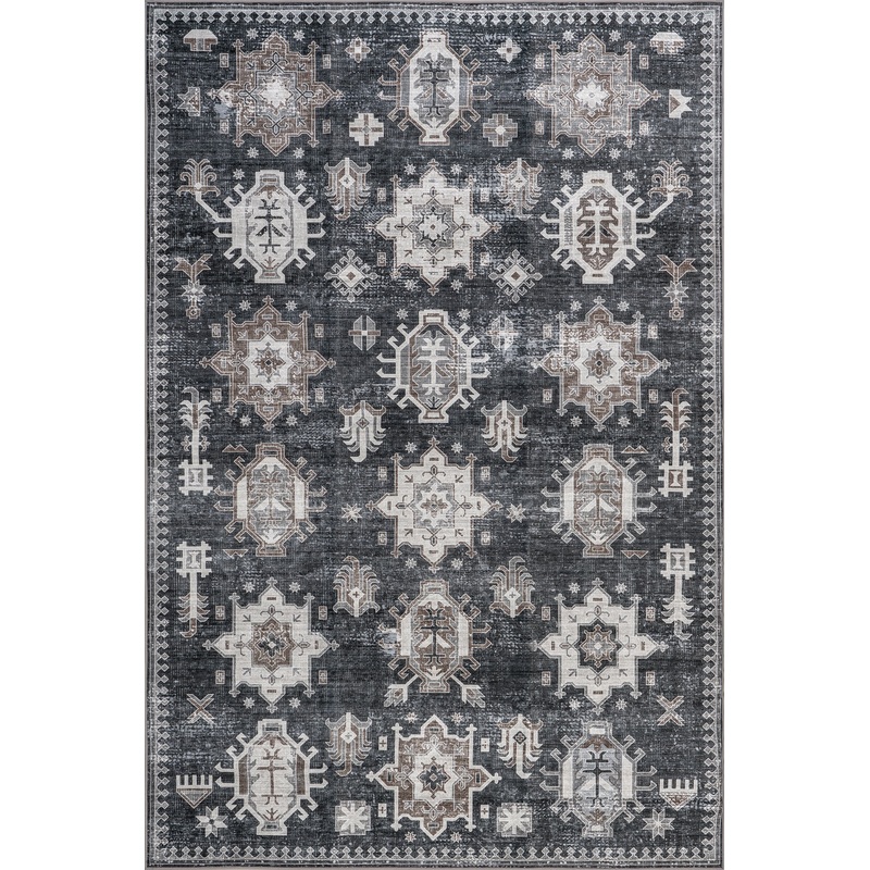 Brenda Hazy Heraldry Spill Proof Washable Rug | Dark Grey