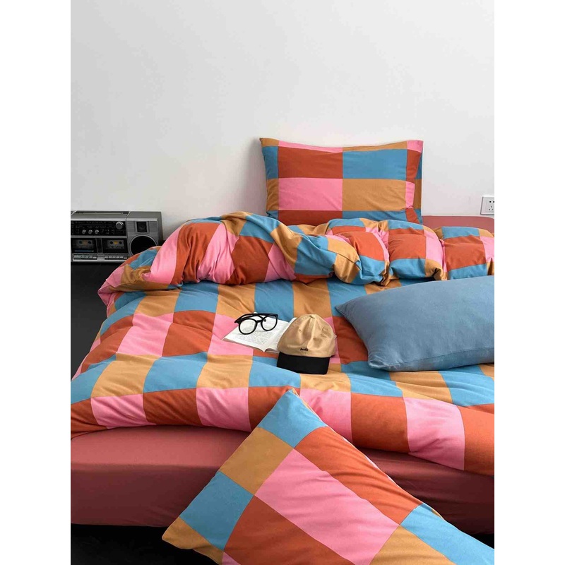 Rainbow Checker Queen Duvet Cover Set With Pillowcases & Fitted Sheet
