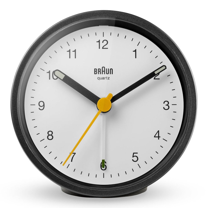Braun Analog Alarm Clock – Round, Black with White Face