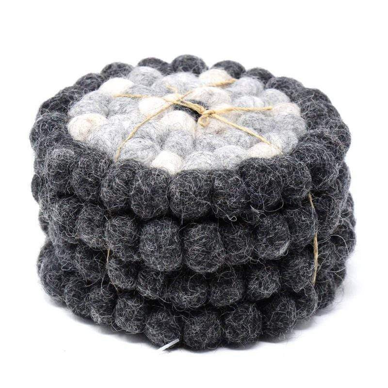 Hand Crafted Felt Ball Coasters from Nepal: 4-pack, Flower Black/Grey – Global Groove (T)