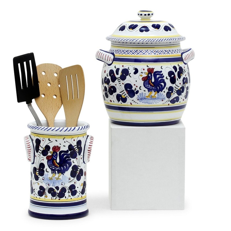 ORVIETO BLUE ROOSTER: Bundle with Utensil Holder + Biscotti Jar